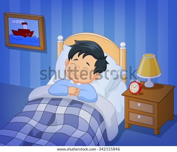 Stock ilustrace „Cartoon Smile Little Boy Sleeping Bed“ 342155846