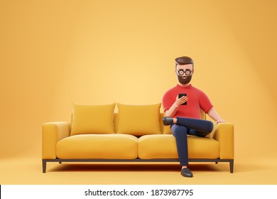 Cartoon smiling beard hipster man in red t-shirt and glasses seat on sofa and using smartphone over yellow background. 3d render illustration.