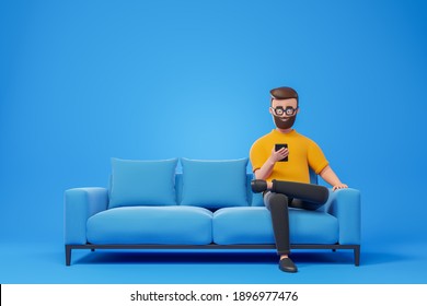 Cartoon smiling beard hipster man in yellow t-shirt and glasses seat on blue sofa and using smartphone. 3d render illustration.