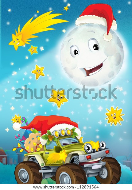 Cartoon smiling moon by the\
night with the stars - christmas friends - illustration for the\
children