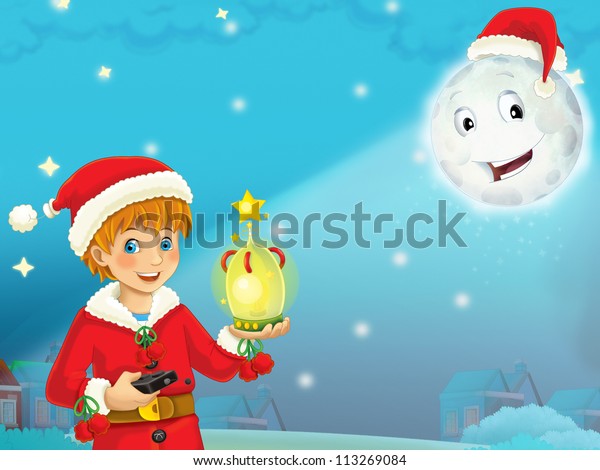 Cartoon smiling moon by the\
night with the stars - christmas friends - illustration for the\
children