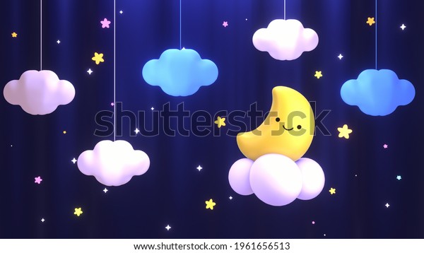 Cartoon smiling moon, stars and hanging clouds\
paper crafts against blue curtain. Good night and sleep tight\
lullaby theme. 3d rendering\
picture.