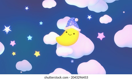 Cartoon Smiling Moon Wearing A Nightcap In The Sky At Night. Cute Lullaby Design. 3d Rendered Picture.