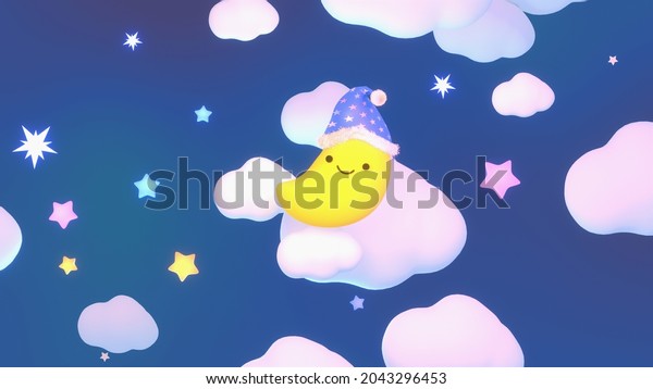 Cartoon smiling moon wearing\
a nightcap in the sky at night. Cute lullaby design. 3d rendered\
picture.