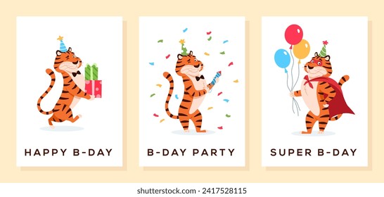 Cartoon smiling tigers in party hat superhero cape with presents, firecracker, balloons. Happy B day greeting cards, invitation design set. Festive Birthday celebration postcards illustration. - Powered by Shutterstock