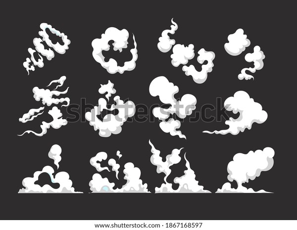 Cartoon smoke. Smoking\
car motion clouds cooking smog smell dust toxic blast isolated\
comic collection
