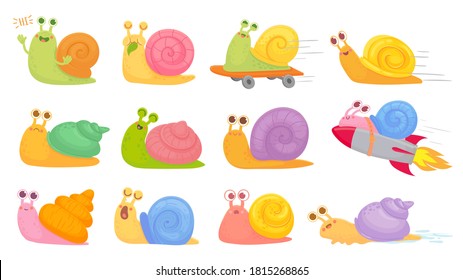 Cartoon Snails. Slug On On Startup Rocket, Skateboard And Sleeping, Yawning And Fast  Kids Characters Set. Eating Leaf, Greeting And Saying Hi, Different Emotions As Sad, Happy