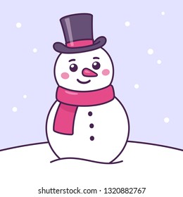 Cartoon snowman drawing in scarf   top hat  Cute Christmas character illustration 