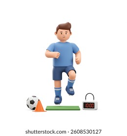 Cartoon soccer player performs step ups, using equipment such as a ball, cone and timer; great for sports training visuals.