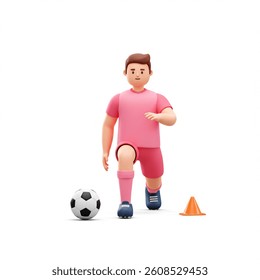 A cartoon soccer player trains with a ball and cone on a white background Great for sport or animation projects.