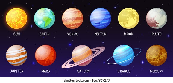 Cartoon Solar System. Space Planets, Moon, Sun, Astronomical Sphere Earth Mars Mercury Jupiter And Venus. Galaxy Space Bodies  Illustration Set. Neptune, Pluto, Uranus And Moon
