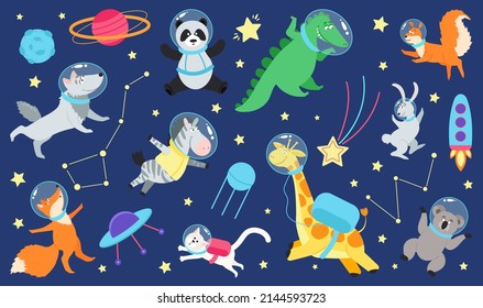 Cartoon space animals. Cute astronaut animal in costume, universe travel on spaceship. Kids stickers, children dream cosmos adventures decent set
