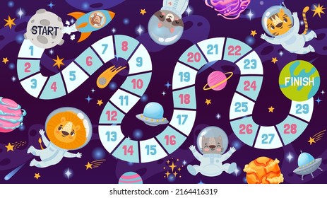 Cartoon Space Board Game For Kids With Animals Astronauts. Path Map For Children Galaxy Dice Play. Cosmos Race Strategy Game  Template. Lion, Tiger, Cat, Raccoon And Monkey Have Adventure