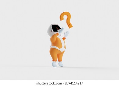 Cartoon Space Boy Catching A Question Mark. Concept Of Quiz, Help Desk, Faq And Information. 3D Rendering.