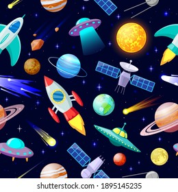 Cartoon space pattern. Astronomical planets and spacecraft ship, astronomy stars, comets and celestial bodies. Galaxy elements  illustration. Rocket and unidentified flying object