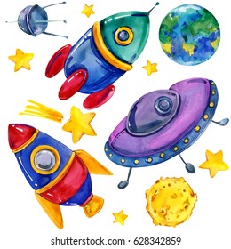 Cartoon Space Set Watercolor Illustration. Rocket. Flying Saucer. Moon. Planet Earth. Star. Satellite.