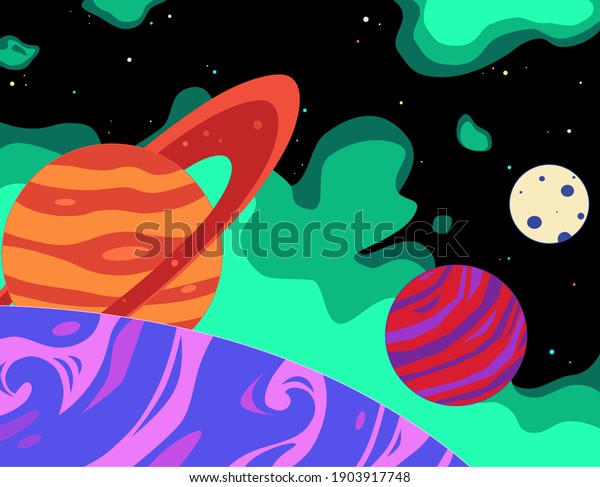 Cartoon space\
vector illustration in retro style. Acid colors galaxy with stars,\
comets, bright planets, moons and a nebula. Fantastic sci-fi\
background. Green, pink, purple\
colors.