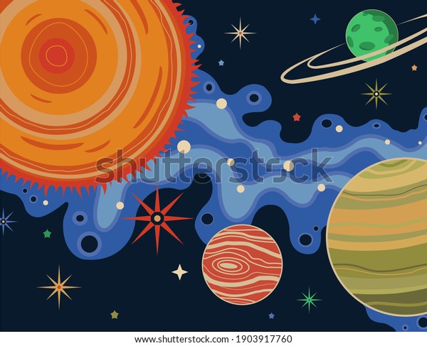 Cartoon space\
vector illustration in retro style. Acid colors galaxy with stars,\
comets, bright planets, moons and a nebula. Fantastic sci-fi\
background. Green, yellow, blue\
colors.