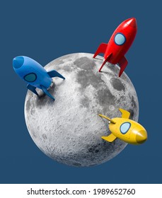 Cartoon Spaceships Landed On The Moon Isolated On Flat Blue Background 3D Illustration, Moon Colonization Concept