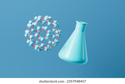 Cartoon spherical molecular structure and conical flask in the green background, 3d rendering. Digital drawing.