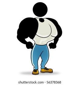 Cartoon Sport Action Icon Of A Body Builder Showing His Muscular Body.