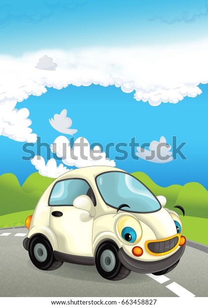 Cartoon sports car smiling and looking on the\
road - illustration for\
children