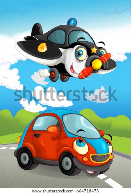 Cartoon sports car smiling and looking on the\
road - illustration for\
children