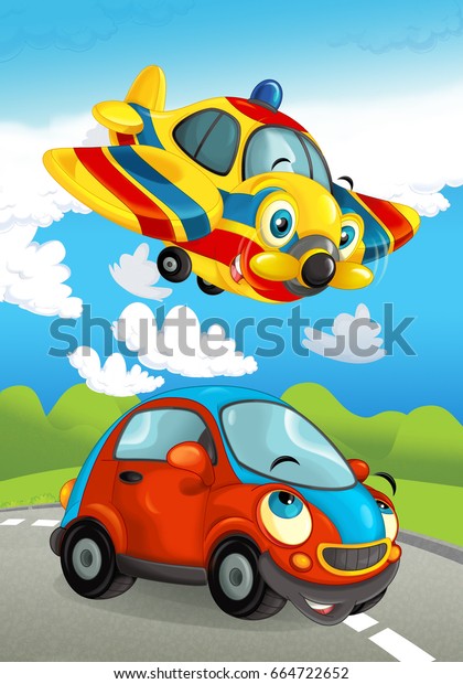 Cartoon sports car smiling and\
looking on the road and plane flying over - illustration for\
children