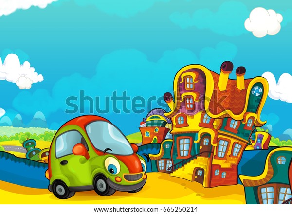 Cartoon sports car smiling and looking in\
the parking lot - illustration for\
children