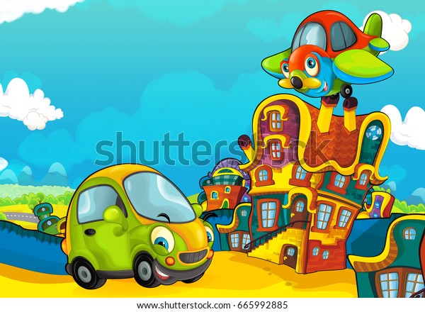 Cartoon sports car\
smiling and looking in the parking lot and plane flying over -\
illustration for\
children