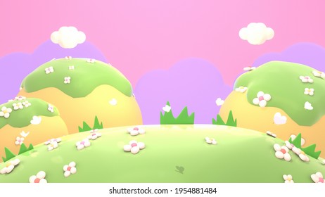 Cartoon Spring Flowers Mountain Landscape, White Clouds, And Pink Purple Sky. 3d Rendering Picture.