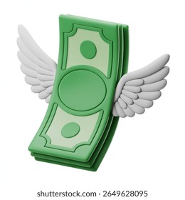 cartoon stack of green dollar bills with white wings floating on white background, financial freedom, investment, money flying away concept, clean illustration, finance icon