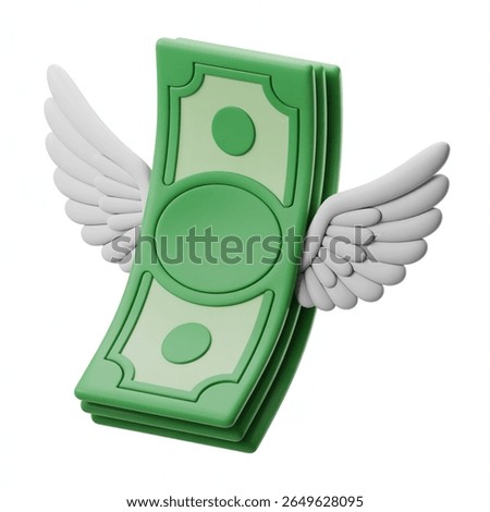 cartoon stack of green dollar bills with white wings floating on white background, financial freedom, investment, money flying away concept, clean illustration, finance icon