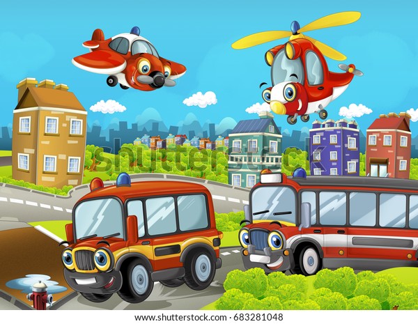 Cartoon stage with different machines for\
firefighting cars helicopter and plane - colorful and cheerful\
scene - illustration for\
children