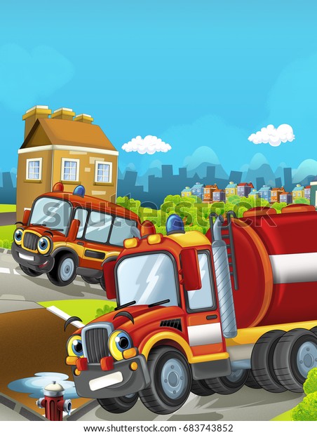 Cartoon stage\
with different machines for firefighting - cars colorful and\
cheerful scene / illustration for\
children