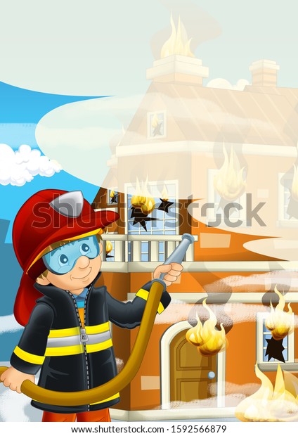 Cartoon Stage Fireman Fire Fighting Near Stock Illustration 1592566879