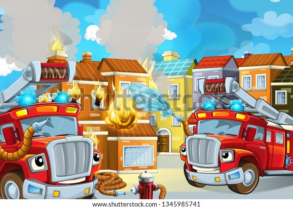 cartoon stage with\
fireman and fire truck near burning building colorful scene -\
illustration for\
children