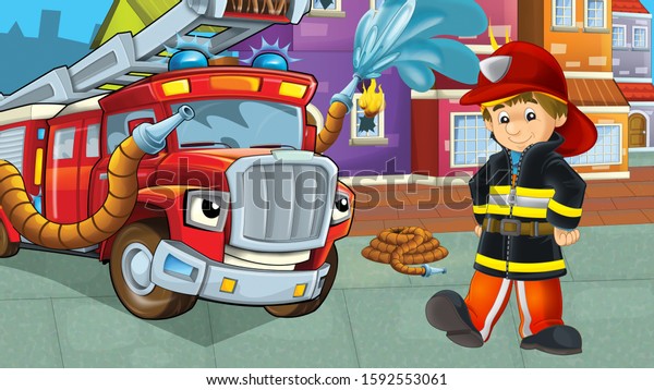 cartoon stage with
fireman near building and brave firetruck is helping colorful
illustration for
children