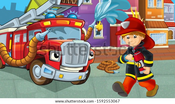 cartoon stage with\
fireman near building and brave firetruck is helping colorful\
illustration for\
children