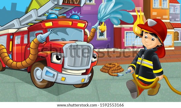 cartoon stage with
fireman near building and brave firetruck is helping colorful
illustration for
children