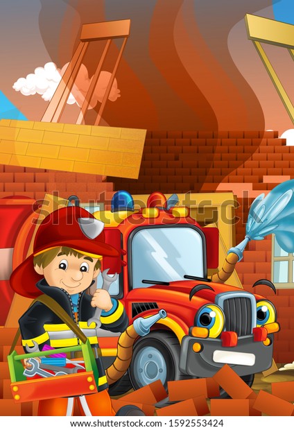 cartoon stage with\
fireman near building and brave firetruck is helping colorful\
illustration for\
children