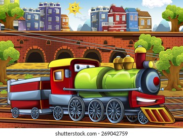 Cartoon Steam Train - Train Station - Illustration For The Children