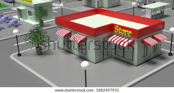 Cartoon store downtown concept. Isometric,\
facade building with awning, signboard, miniature grey red shop,\
products for trade with customers at cityscape. Blur town\
background. 3d\
illustration