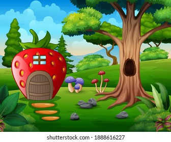 Cartoon strawberry house near