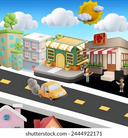 A cartoon street in a busy city full of cars amidst colorful houses, buildings and trees. under the clear sky Reflecting the lively city life - Powered by Shutterstock