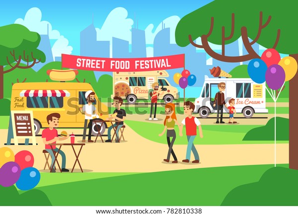 Cartoon street food
festival with people and trucks background. Street food festival
and market
illustration