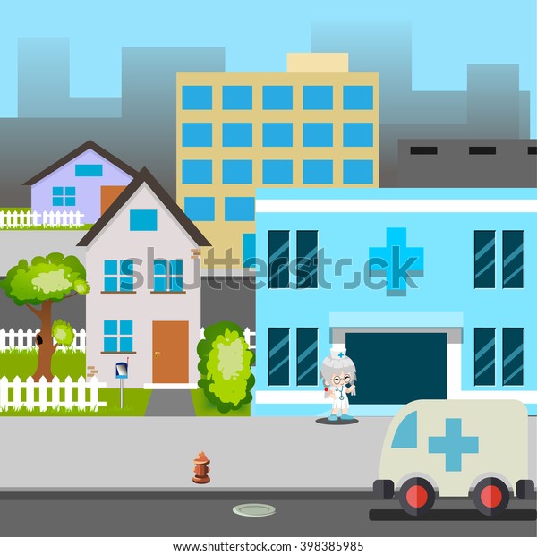 Cartoon\
Street Hospital Ambulance car Doctor\
Illustration