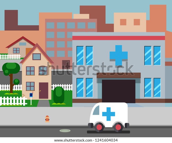 Cartoon Street Hospital Stylish Background\
flat Retro Design \
Illustration