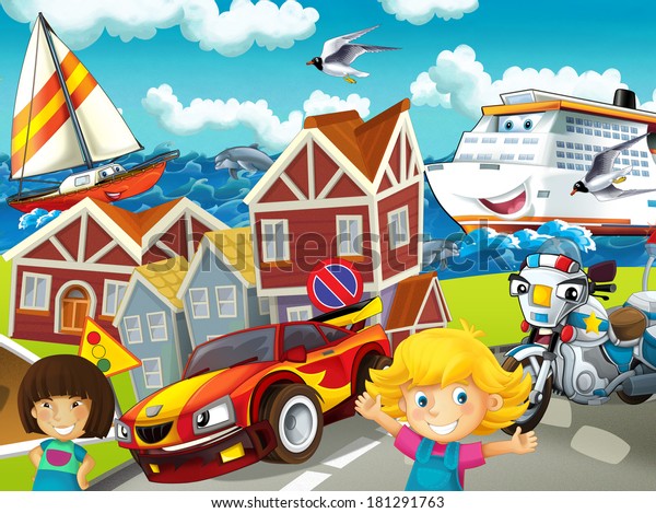 Cartoon street with seaside - illustration for\
the children