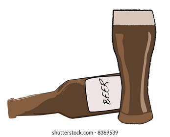 Cartoon style Beer bottle and glass